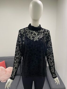 NWT PICADILLY Sheer Floral Top with Keyhole Back & Black Camisole Size Large
